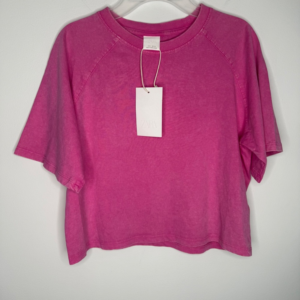 Zara Kids Girls Pink Acid Wash Cropped Raglan T-Shirt Size 9-10 140cm NWT